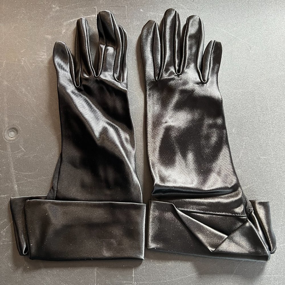 Vintage Gutman Lann Gloves Black Satin Evening Lenth Cuff Gloves Sz 6 1/2